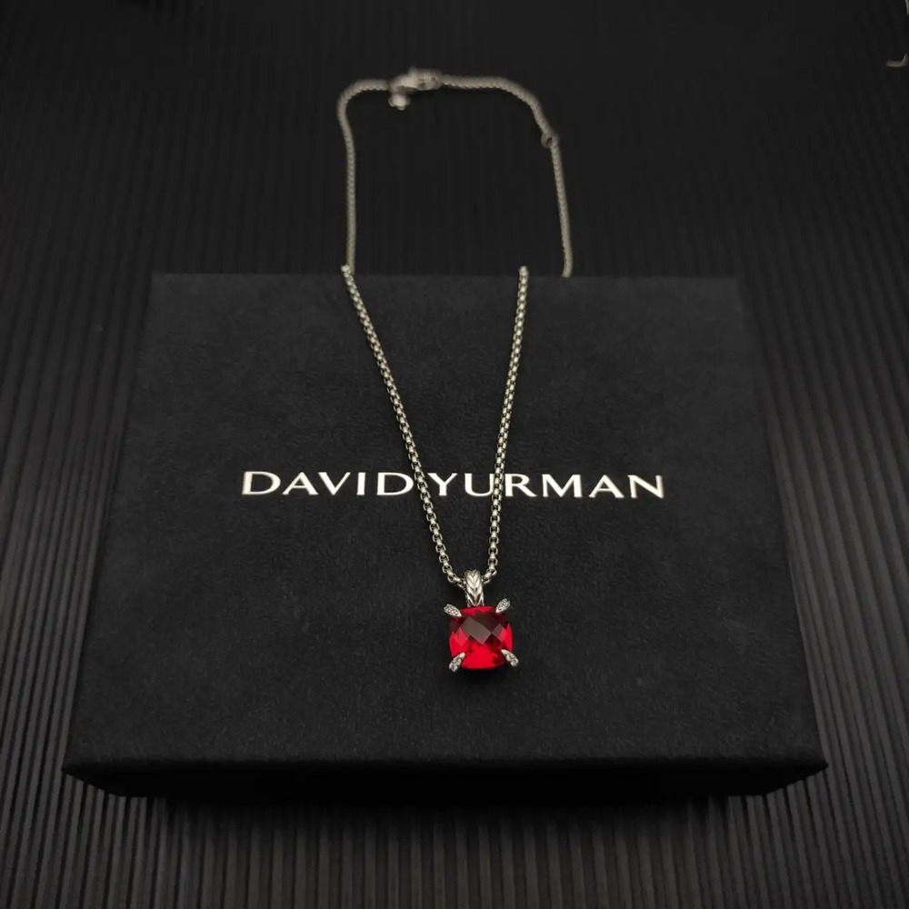 David Yurman Silver Center Stone Gold Four-Prong Red Diamond Necklace - Picture 6 of 6
